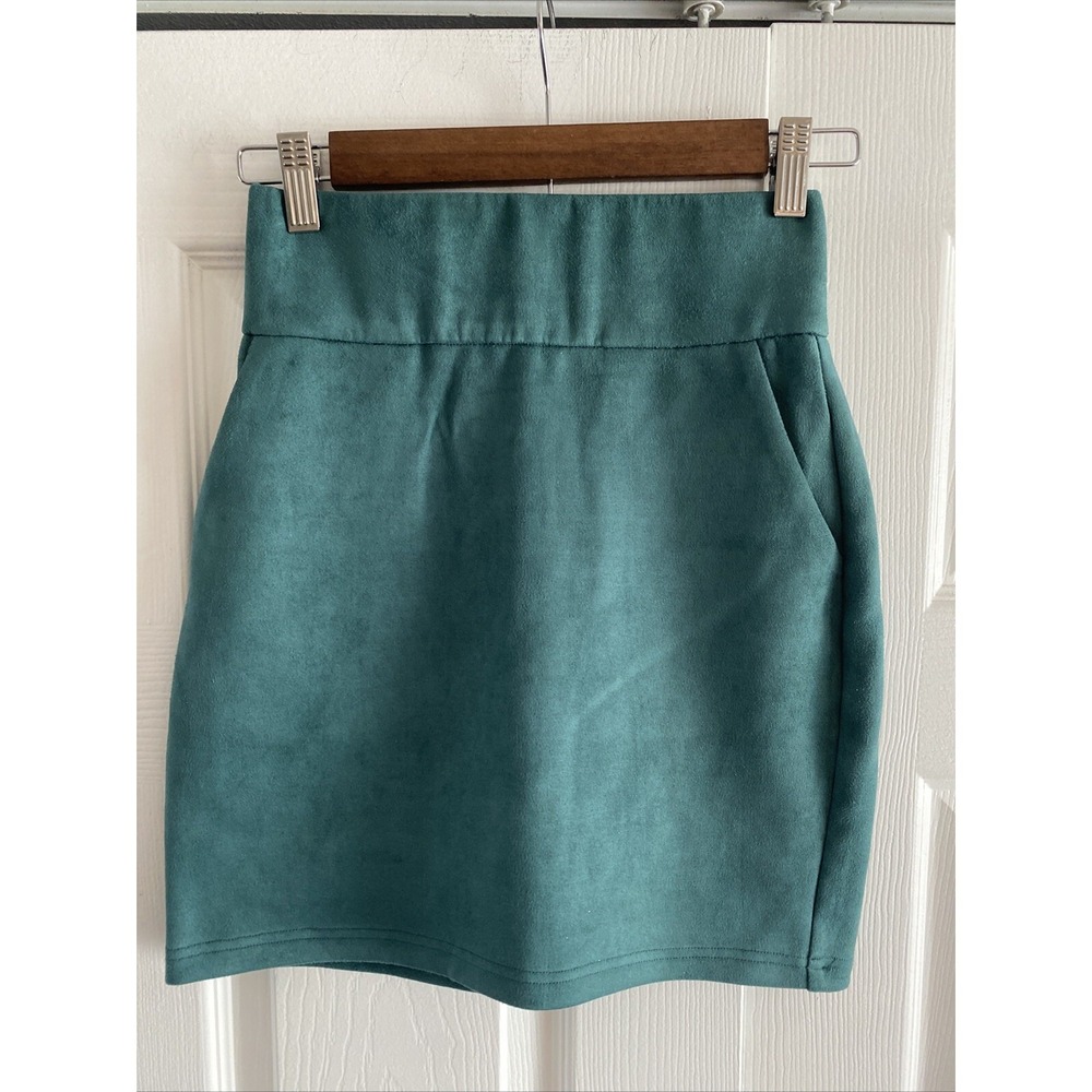 Azalea Wang Faux Suede Mini Skirt Womens Size‎ S Teal Green High Waist Pockets
